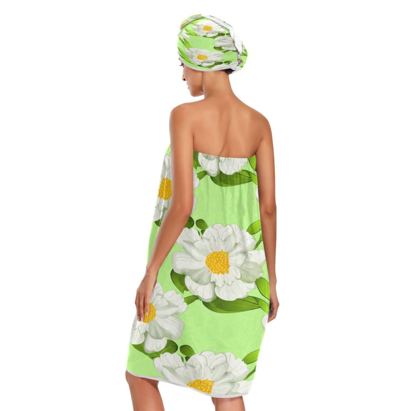 Bulletgxll White Flowers Women's Shower Wrap Towel Set of 3 Adjustable Spa Body Wrap Super Absorbent Bathrobe with Hair Towel & Headband