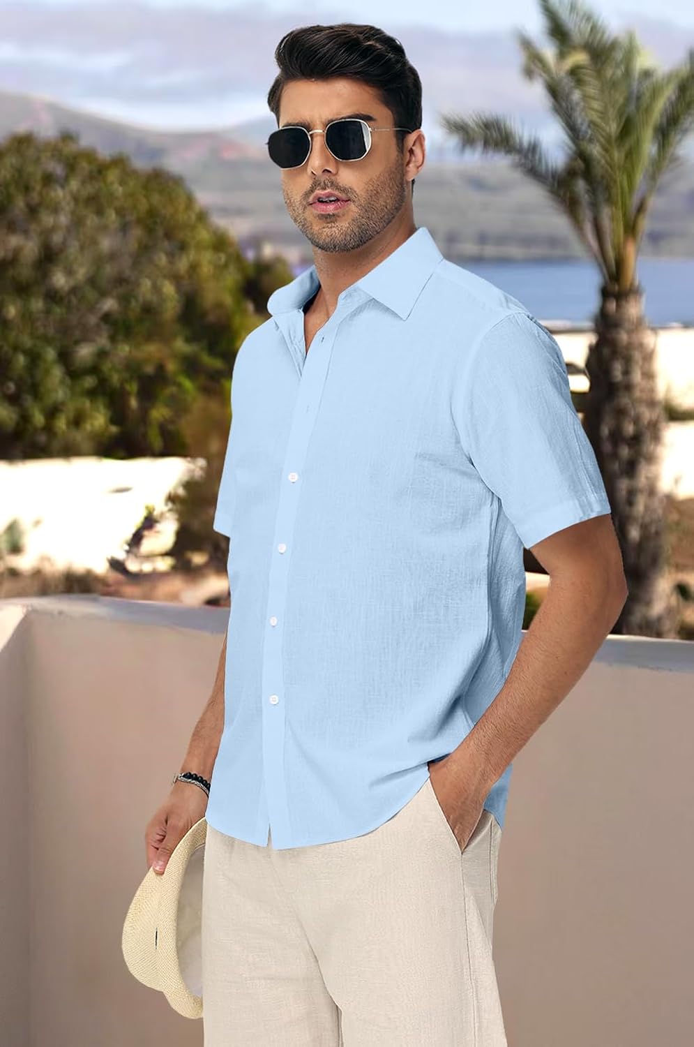 Mens Linen Shirts Short Sleeve Button Down Regular Fit Shirts Casual Vacation Beach Summer Hawaiian Tops - Image 3