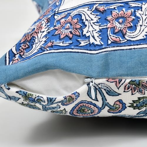 Image of BLOCKS OF INDIA Hand Block Printed Cotton Linen Cushion Cover (16 x 16 inches) (Blue VASS)