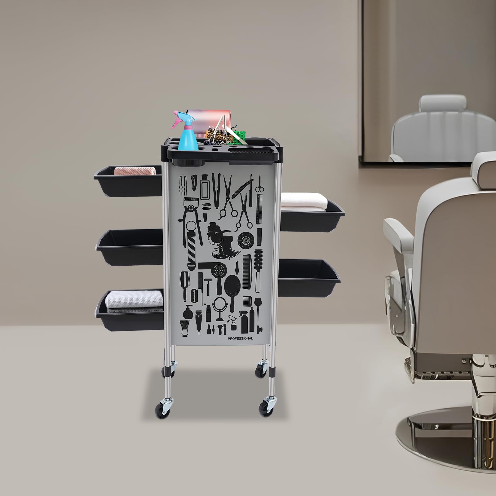 Carrito de peluquería con ruedas, 90 x 36 cm, carrito de peluquería con 5 cajones, carrito de salón para suministros de peluquería, joyas, cosméticos (gris blanco)