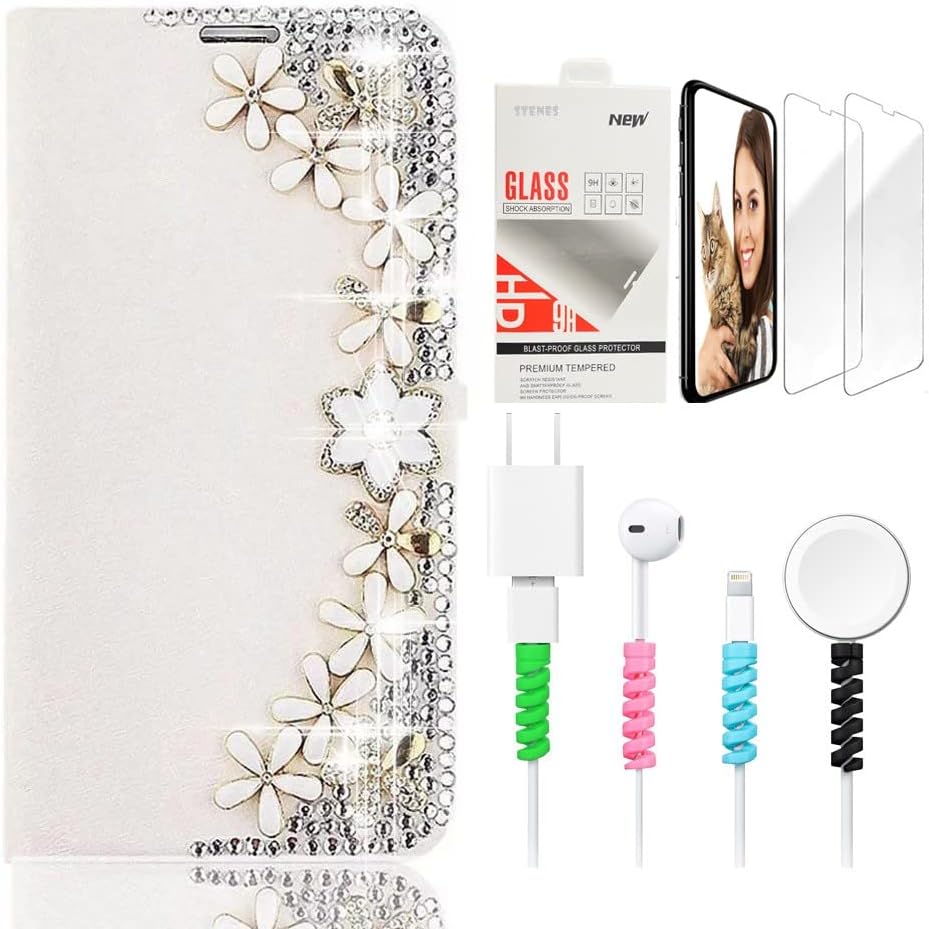 STENES Bling Wallet Luxury Phone Case Compatible with Samsung Galaxy S25 5G - Stylish - 3D Handmade Flowers Flowers Design Leather Cover with Screen Protector & Cable Protector - White