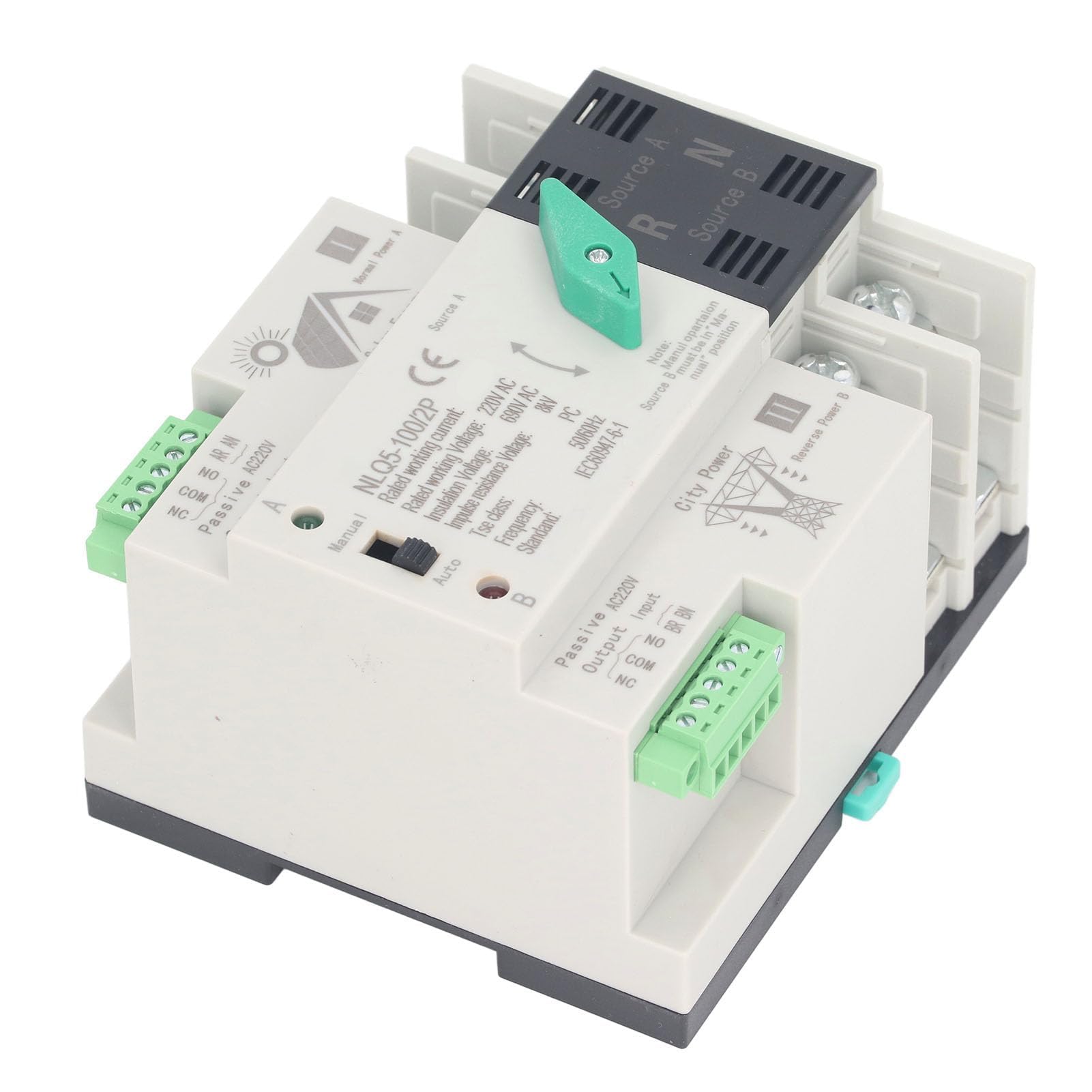 Interruttore di Trasferimento Automatico a Doppia Alimentazione 2P Mini ATS 35mm Commutatore per Generatore su Guida DIN AC220V per Fabbriche Centri Commerciali (100A)