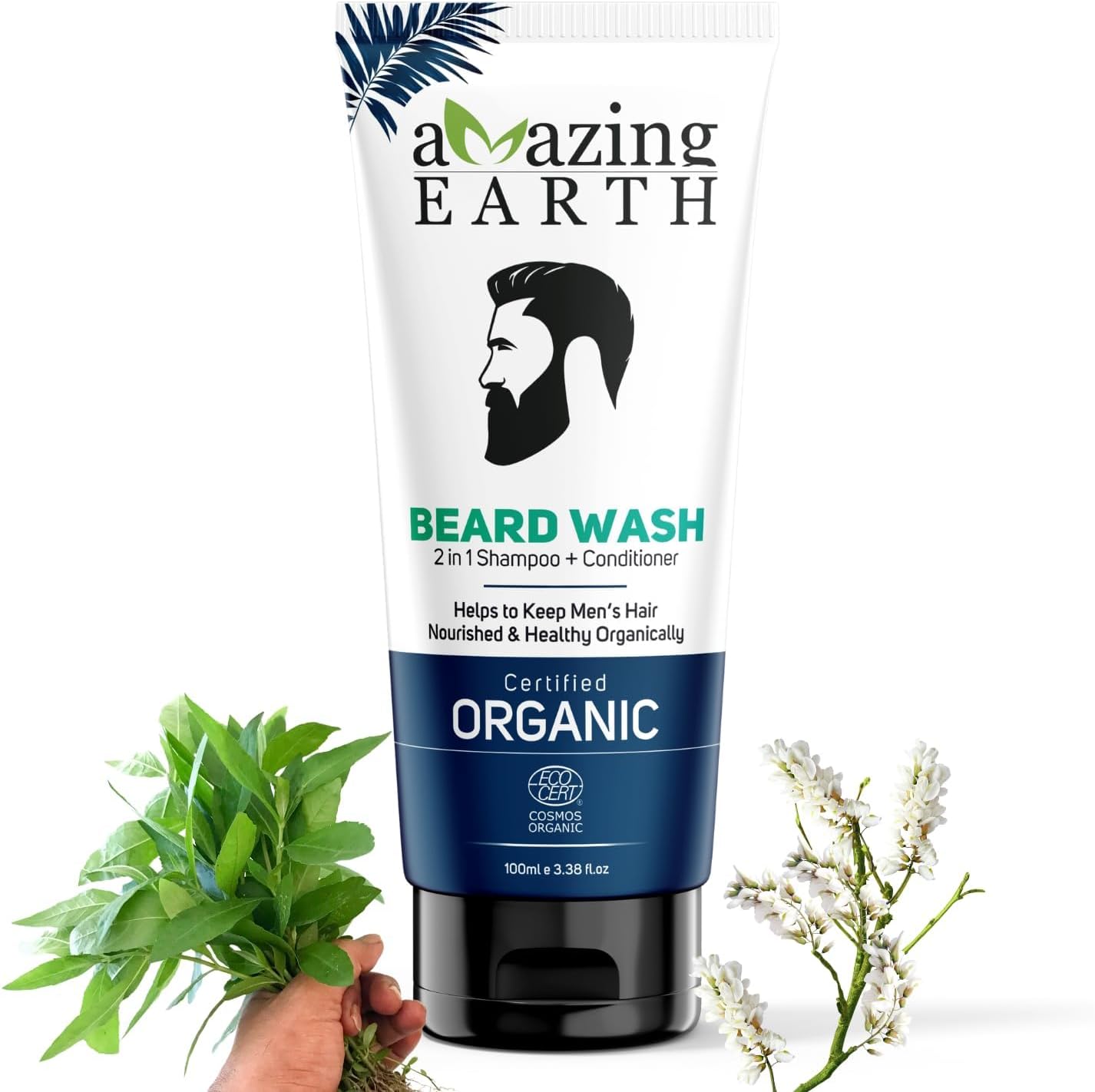 AMAzing EARTH 2 in 1 Beard Wash for Men - Shampoo + Conditioner for Hard Curly Beard with Bhringraj, Henna, Acacia & Argan Oil Certified Organic, Sulphate & Paraben Free, 100% Natural & Vegan - 100ml