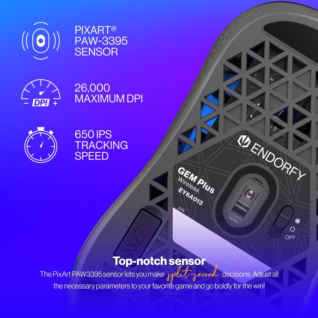 ENDORFY Gem Plus Wireless, Mouse da Gaming Wireless Ultraleggero, sensore Top di Gamma PixArt PAW3395, 26 000 DPI, Resistenti Switch Kailh GM 8.0, EY6A013