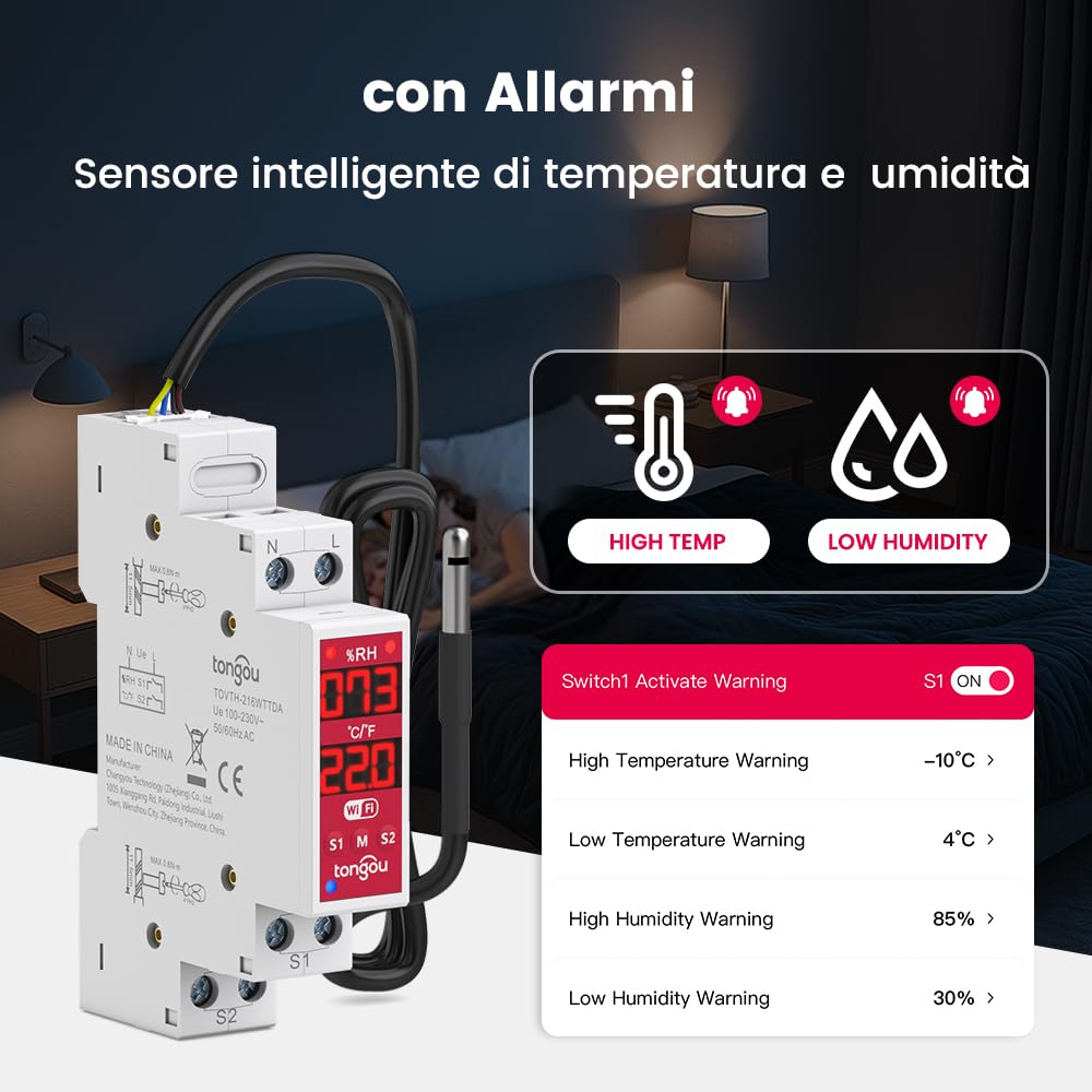 TONGOU to-Q-VTH Regolatore di temperatura con sonda,WiFi Termostato Interruttore Collegato 16A Smart Switch Dry Contact