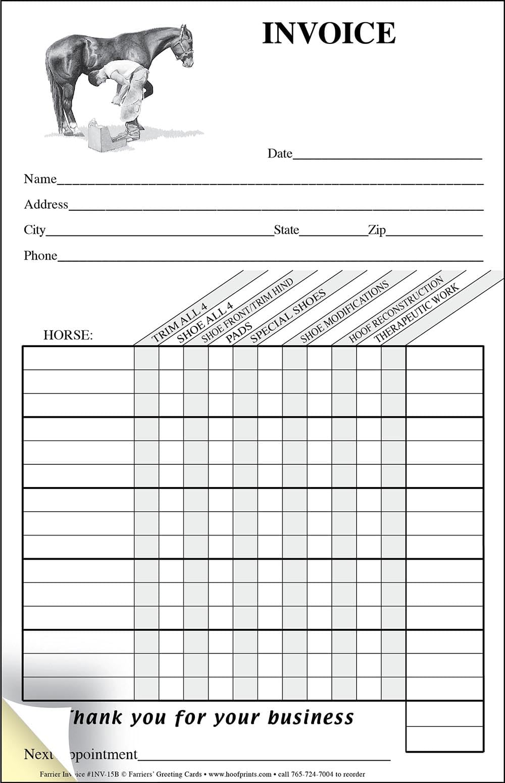 HoofPrints Modern Farrier Two-Part Carbonless Itemized Invoice Pad - 50 Sets of White and Yellow Copies - 5.5" x 9" - Made in USA