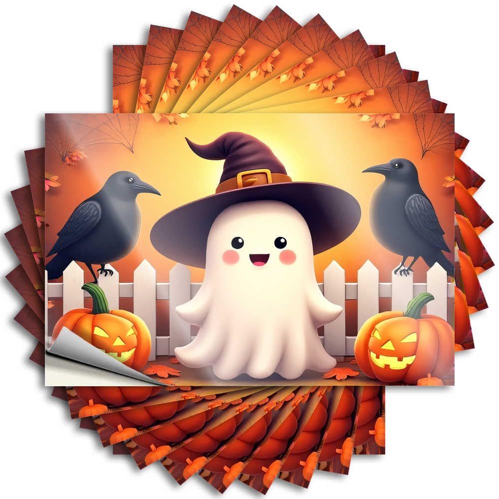 Retro Home Decor Decals Door | Happy Halloween: Cute Ghost with Crows and Pumpkins Rock Boss Sticker Pack(6X9CM)