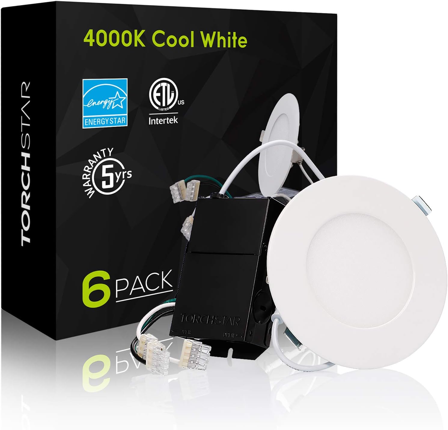 Buy 2 get 3 TORCHSTAR 4 Inch Slim LED Recessed Light with Junction Box, 10.5W Dimmable Panel Downlight, CRI90, 4000K Cool White, ETL & Energy Star Certified, White, Pack of 6