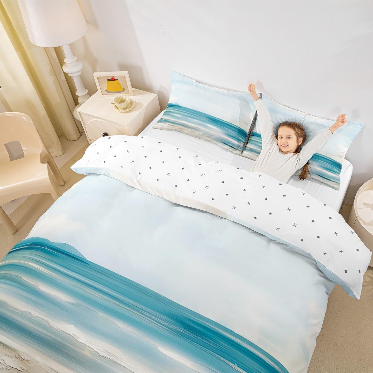 Erosebridal Abstract Beach Duvet Cover Queen Size Teal Oil Painting Bedding Set for Kids Boys Girls Ocean Sea Wave Lake Comforter Cover Summer Nature Landscape Hawaii Farmhouse Bedclothes