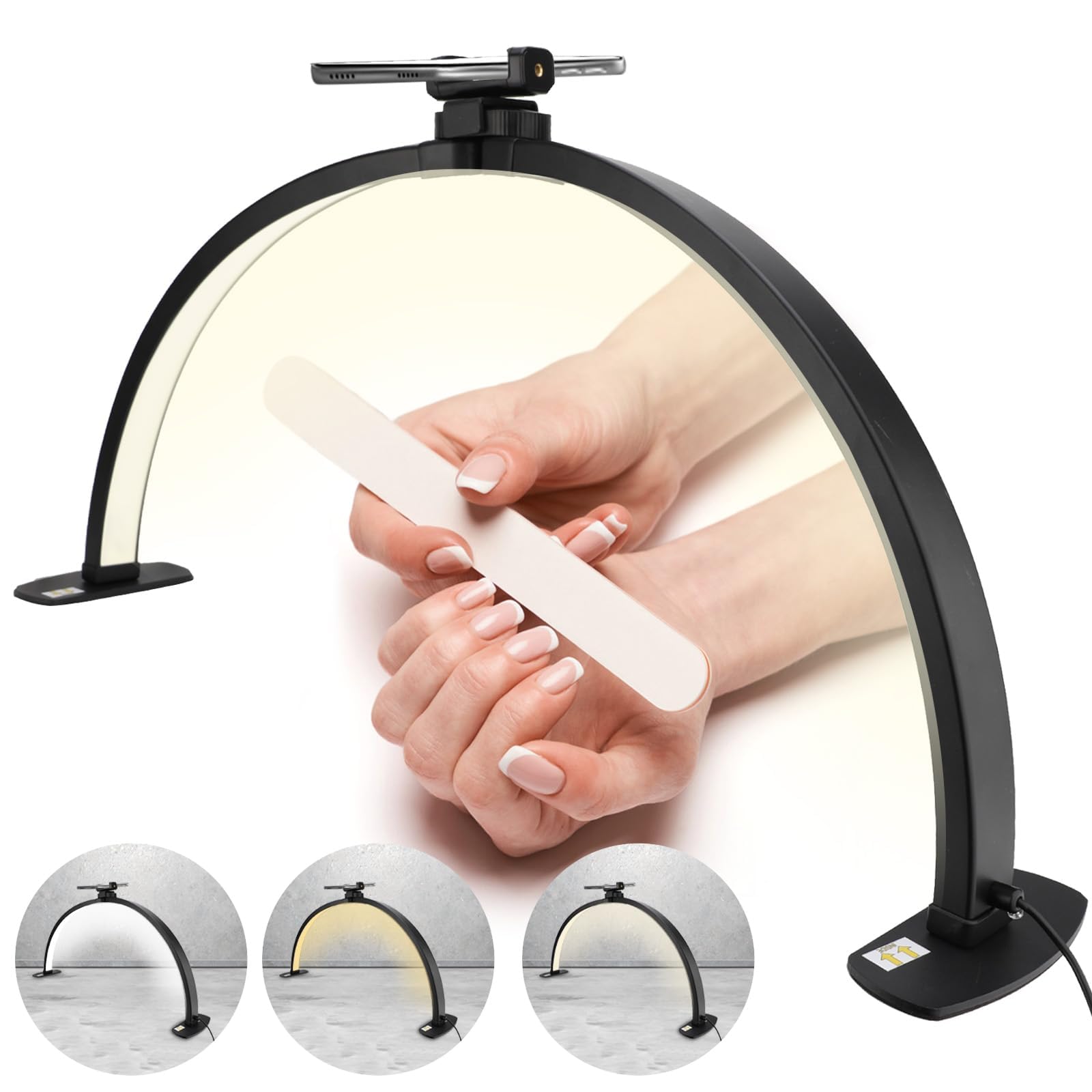 Lampada professionale a mezzaluna per ciglia VINGVO, Estensione ciglia pieghevole, LED 38W a intensità variabile, Luminosità regolabile in 3 colori 3000-6000K