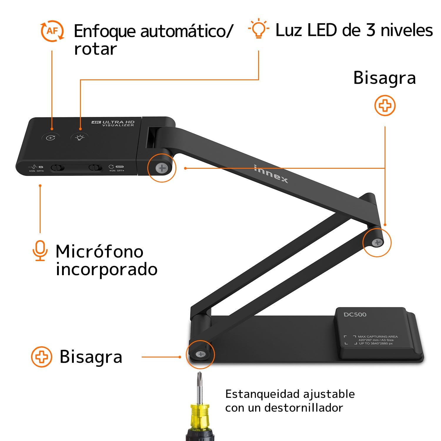 Innex DC500 USB 4K Cámara de Documentos, Webcam y Escáner 3 en 1 de 16MP | Micrófono con Cancelación de Ruido, Enfoque Automático dual, LED, OCR para educación a distancia en Win/Mac/Chromebook