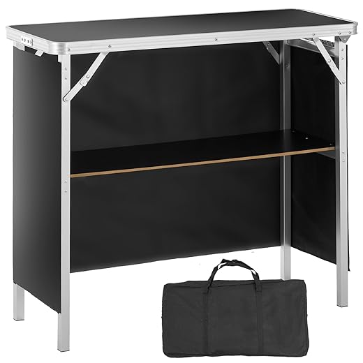 VEVOR Folding Portable Bar Table, Tradeshow Podium Table for Indoor, Outdoor, Party, Picnic, Exhibition, Includes Carrying Case, Storage Shelf and Black Skirt, 38.39" x 15.16" x 34.25"