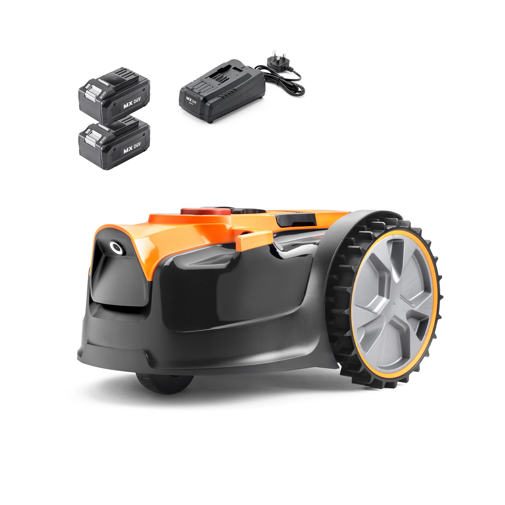 LawnMaster OcuMow® 16 Drop and Mow Robot Lawnmower with two MX 24V 4.0Ah lithium-ion batteries and fast charger. No Boundary Wire, App or Outdoor Power Socket needed. For lawns up to 300m2