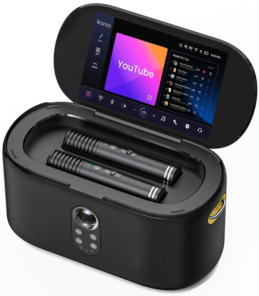 Ikarao Shell S1 Professioneller Karaoke-Lautsprecher mit 10,1 Zoll Touchscreen, 2 wiederaufladbare kabellose Mikrofone, kraftvoller Sound 280W, KaraFun Prime und tragbar für Partys