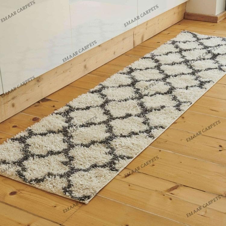 Image of Super Ultra Modern Soft Shaggy Handcrafted Anti-Skid Silk Touch Carpet, Size 2x6 Feet, Color White & D Grey