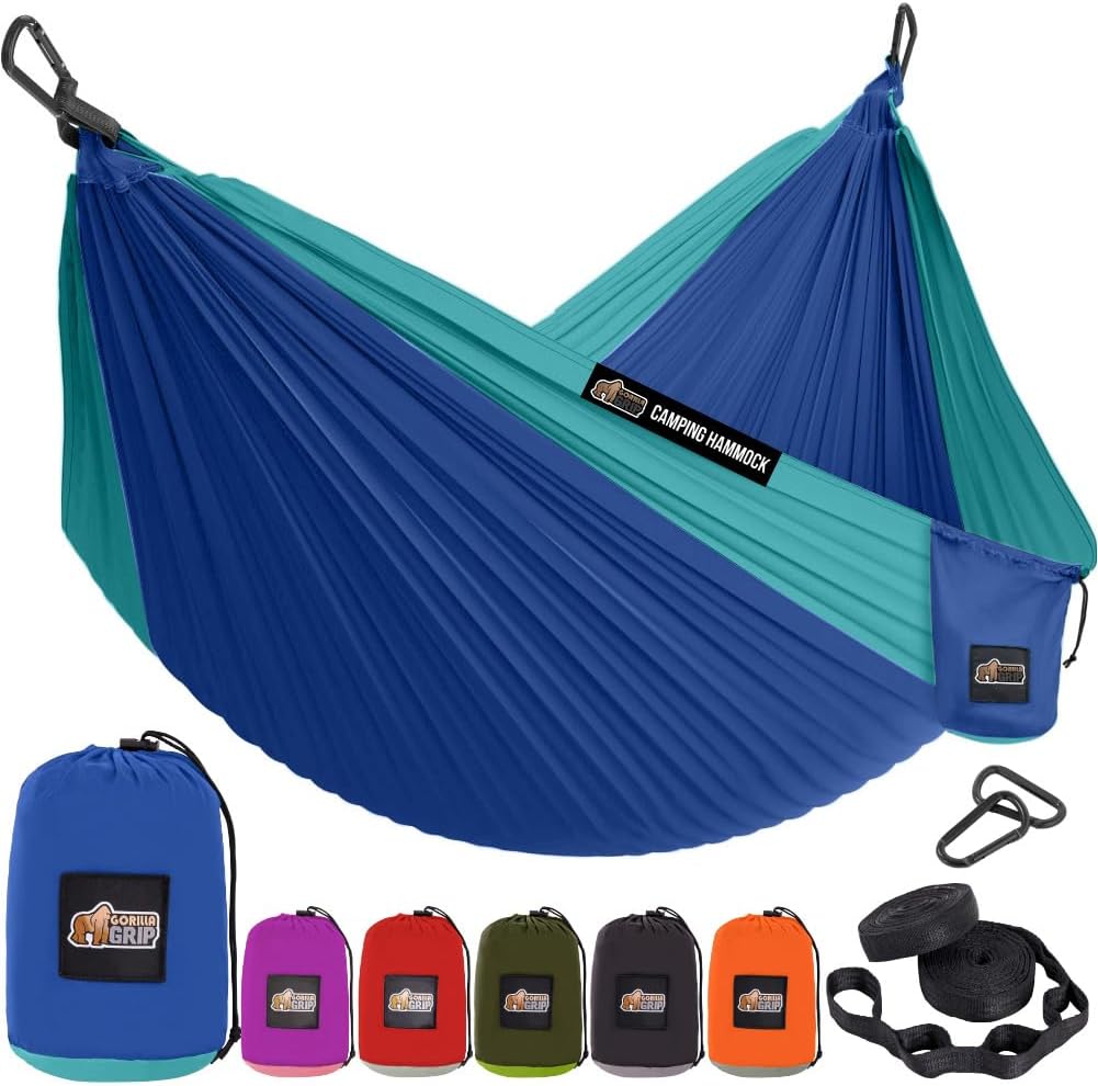 GORILLA GRIP Durable Portable Camping Hammock, Holds 400lbs with Heavy Duty Tree Straps, Comfortable Travel Swing, Camp Hammocks, Easy to Use and Install, Outdoor Essentials, Blue, 9×4.5 FT