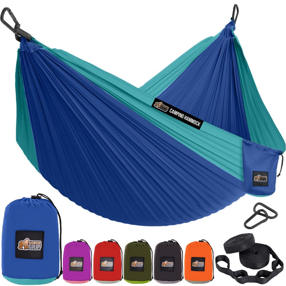 GORILLA GRIP Durable Camping Hammock with Heavy Duty Tree Straps, Portable Hammocks for Outside, Easy to Use Travel Swing Chair, Outdoor Camper Hiker Essentials, Backpacking Gear Gifts, Single, Blue