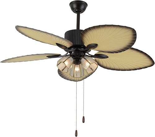 Ventiladores de techo tropicales con luz de 52 pulgadas, hoja de palmera, aspas de madera, lámpara de araña con control remoto y cadena de tracción,