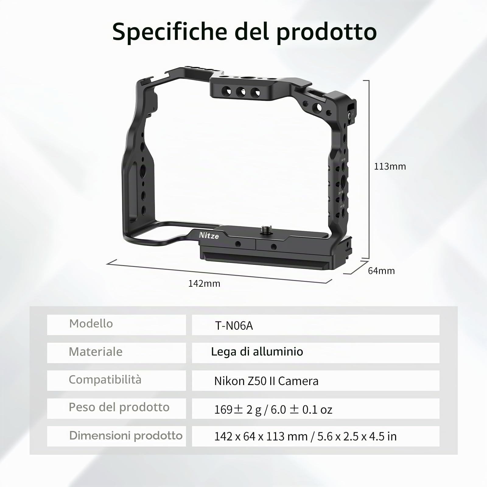 Nitze Gabbia Z50II per Nikon Z50 II, Cage in Lega di Alluminio con 2 Cold Shoes Incorporate, Guida NATO e Piastra a Sgancio Rapido per Arca-Swiss, Supporta Riprese Orizzontali e Verticali - T-N06A