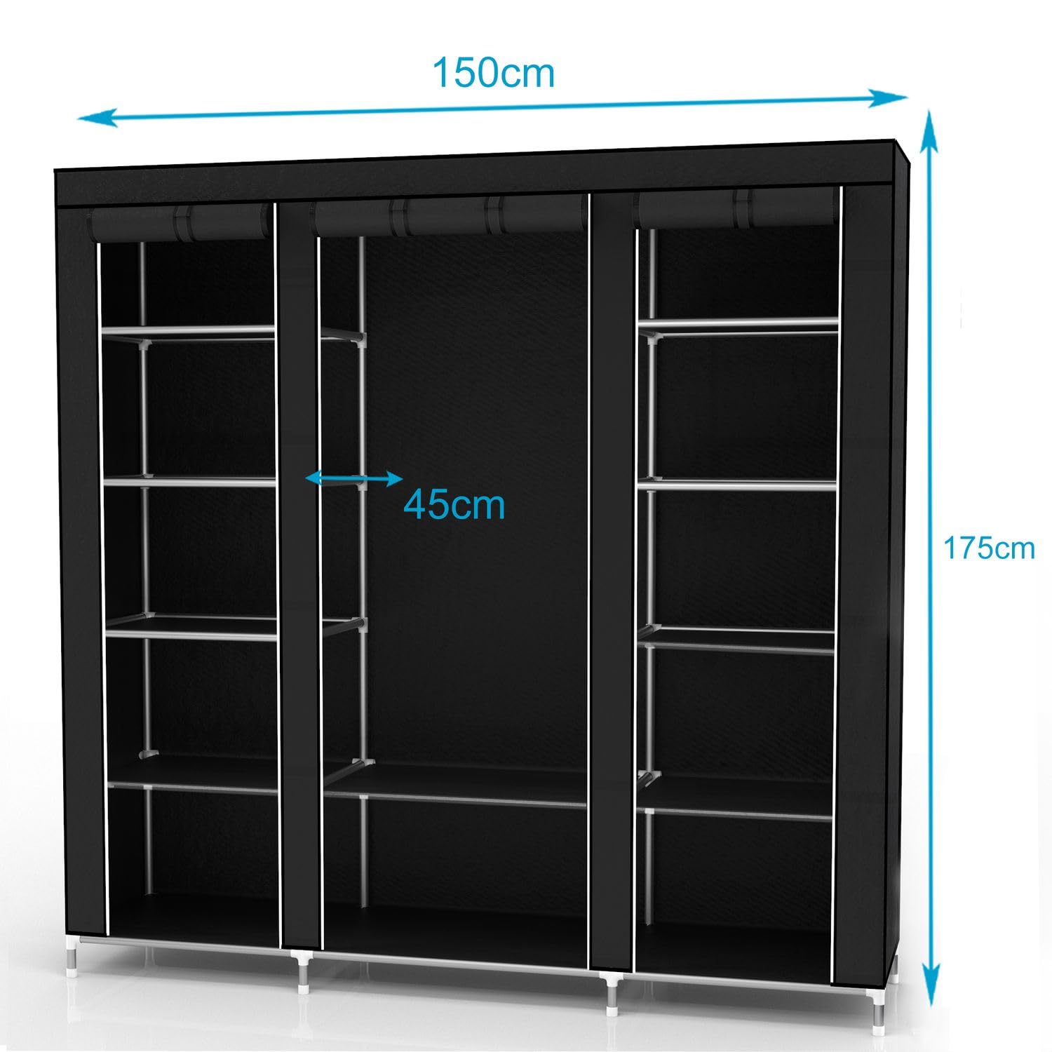 Intirilife Armoire de Rangement Pliable 150x175x45 cm en Noir Corbeau - Penderie Dressing Textile en Tissu Intissé avec Fermeture à Glissière - Garde-Robe Placard Camping