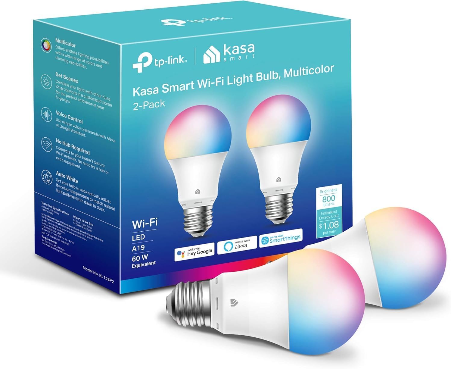 Kasa Smart Light Bulbs, Full Color Changing Dimmable Smart WiFi Bulbs Compatible with Alexa and Google Home, A19, 60 W 800 Lumens,2.4Ghz only, No Hub Required, 2-Pack (KL125P2), Multicolor Kasa Smart Light Bulbs, Full Color Changing Dimmable Smart WiFi Bulbs Compatible with Alexa and Google Home, A19, 60 W 800 Lumens,2.4Ghz only, No Hub Required, 2-Pack (KL125P2), Multicolor