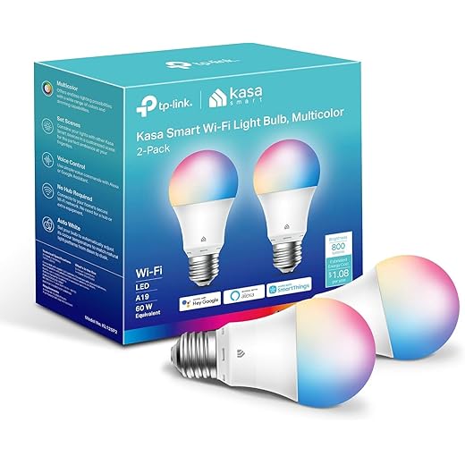 Kasa Smart Light Bulbs, Full Color Changing Dimmable Smart WiFi Bulbs Compatible with Alexa and Google Home, A19, 60 W 800 Lumens,2.4Ghz only, No Hub Required, 2-Pack (KL125P2), Multicolor