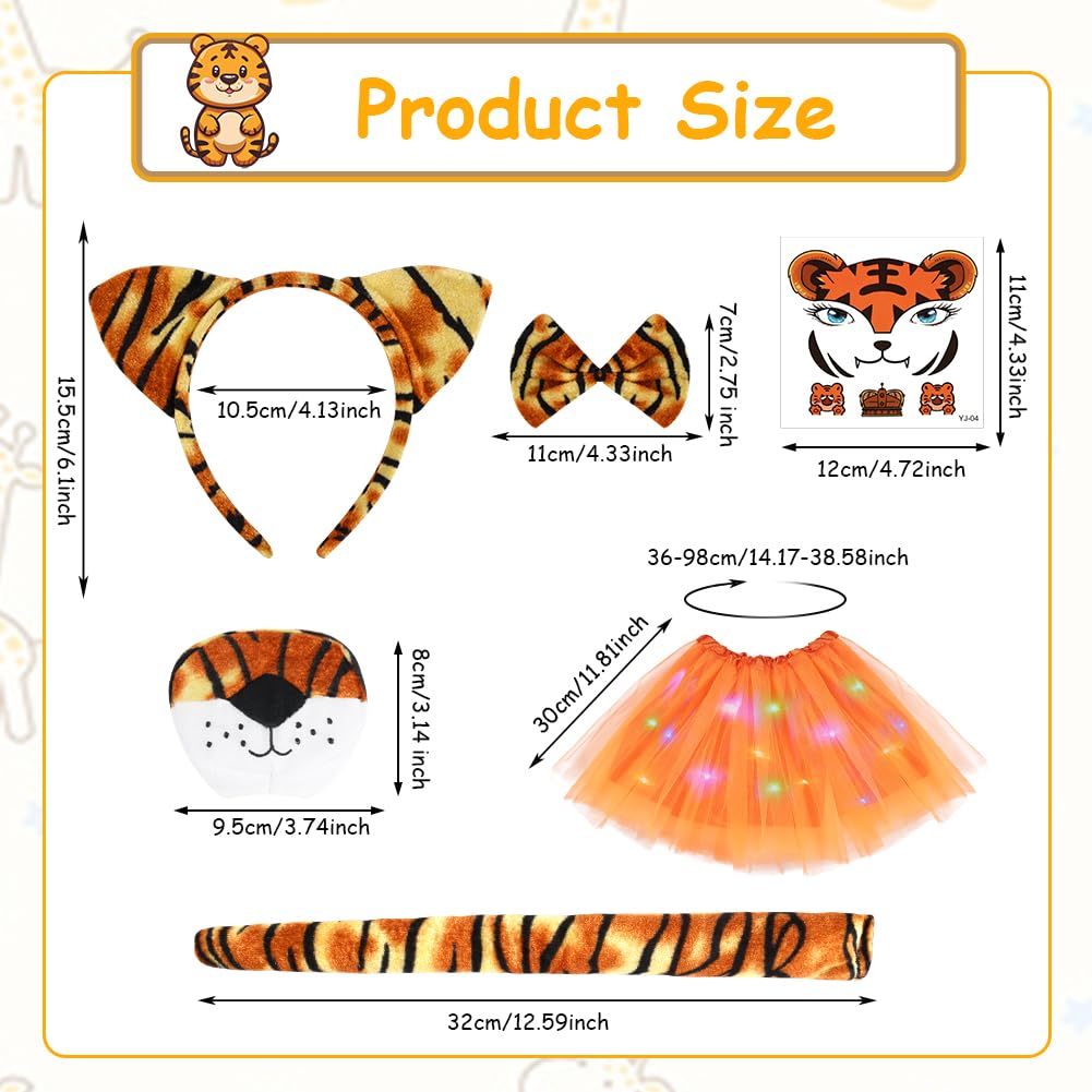 AOOWU Tiger Costume Set for Kids 6PCS Animal Costume Set Light Up Tutu Skirt with Tiger headband Nose Tail Bow Tie Tiger Sticker - Image 2