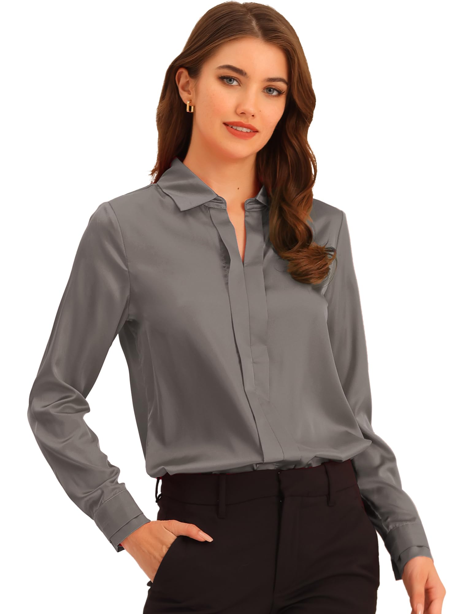 Allegra K Chemisier en satin élégant à manches longues et col en V pour femme, gris, Taille L