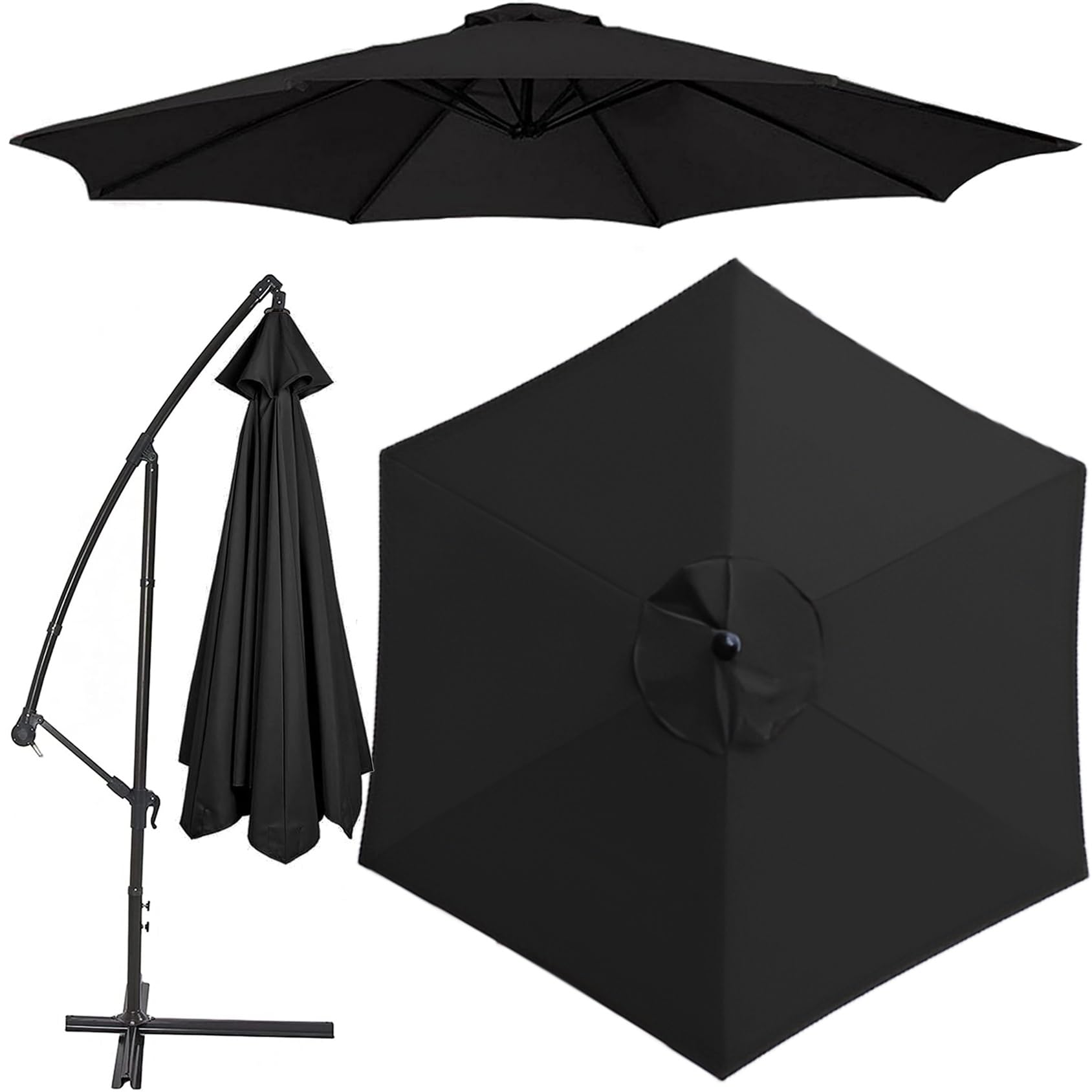 Replacement 8 Arms 6 Arms Sun Umbrella Cloth 6.5'/8.8'/9.8' (200cm/270cm/300cm) Parasol Replacement Canopy Replacement Parasol Fabric Cover For Garden Umbrella(Color:Black,Size:3.0 m(9.8ft)-6 Arms)
