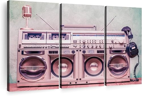 Elephant Stock Arte de pared retro Boombox - Lienzo horizontal - Decoración de pared de sala de estar de 3 piezas - Impresión en lienzo de música de