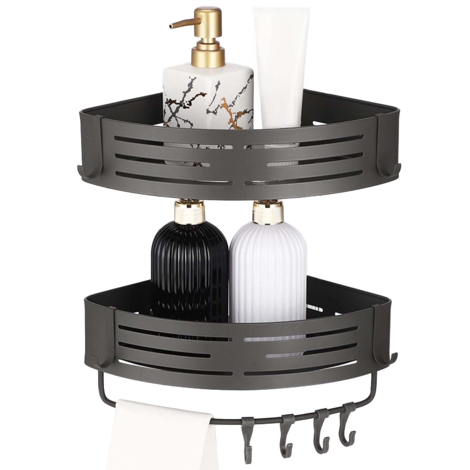SWEWARM 2 Pcs Corner Shower Caddy, No Drilling Aluminum Organizer, Gray Triangular Bathroom Shelves with Towel Bar & Hooks, Rustproof Wall Mount Space-Saving for Shower & Kitchen