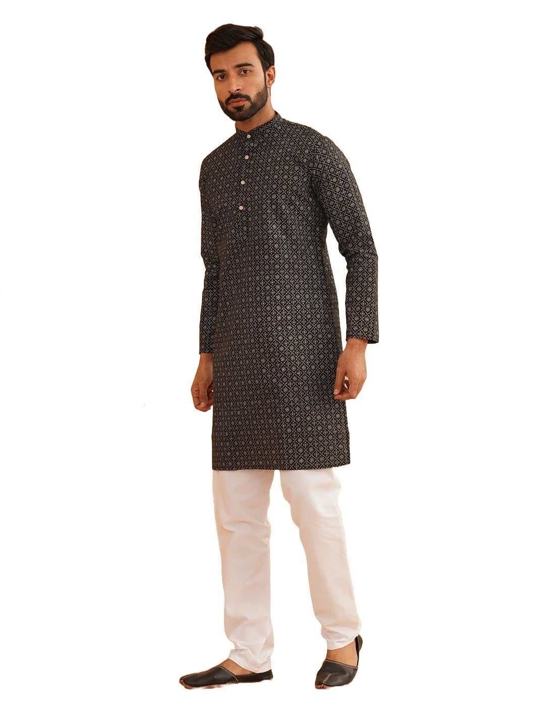 (Since 1958 Men's Cotton Linen Blue Foil Printed Kurta and White Pyjama Set-image-28