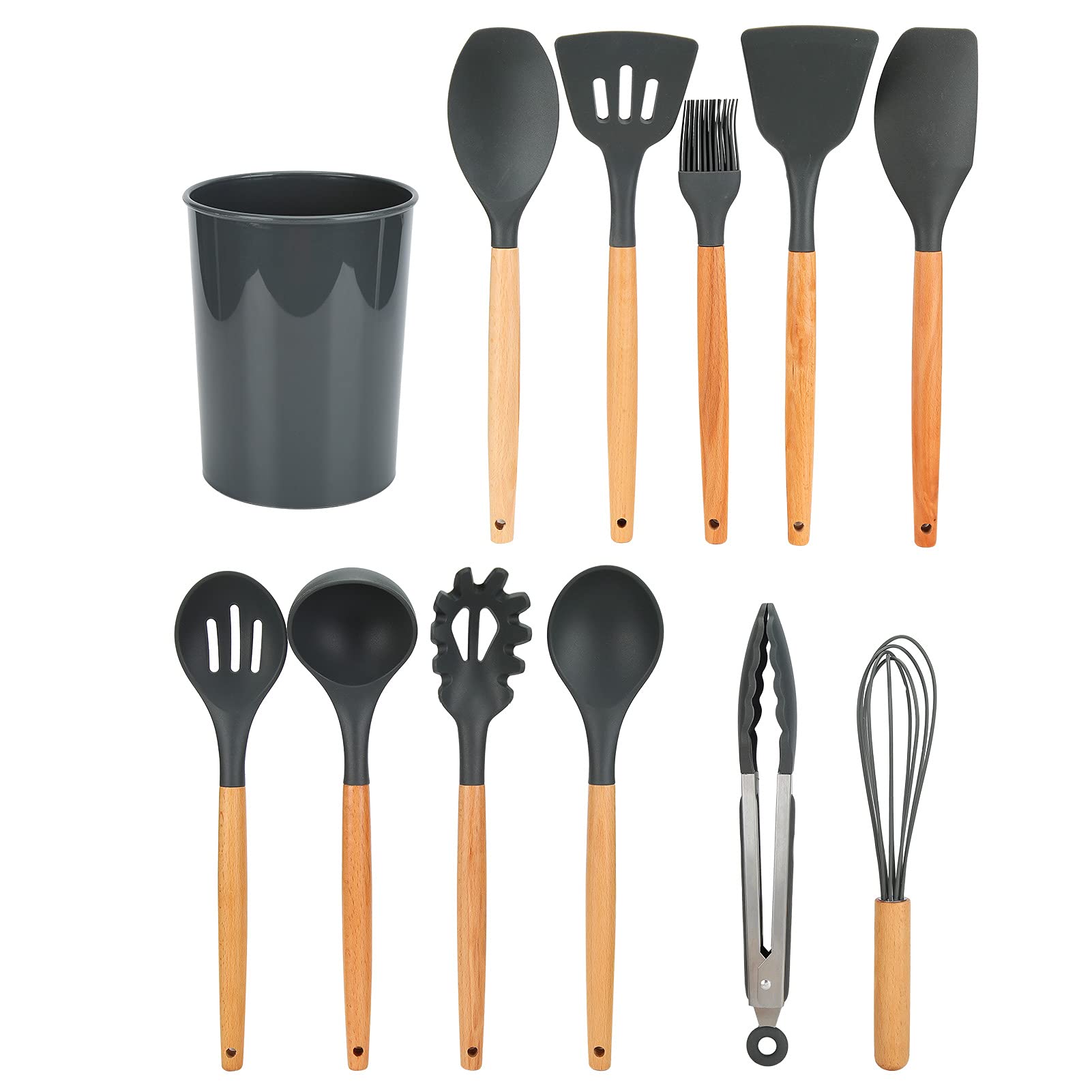 12 piezas de utensilios de cocina de silicona con mango de madera, set de herramientas de cocina antiadherentes que incluye brocha para aceite y espátula para cocinar en casa, (Gris)