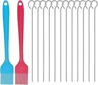 maxin Barbecue Skewers,12 Pack Stainless Steel Skewers with 2 Silicone Brushes for Grilling BBQ,Shish Kebab Kabob Skewers,BBQ Skewers Reusable Skewers Set for Meat Chicken Shrimp Vegetable