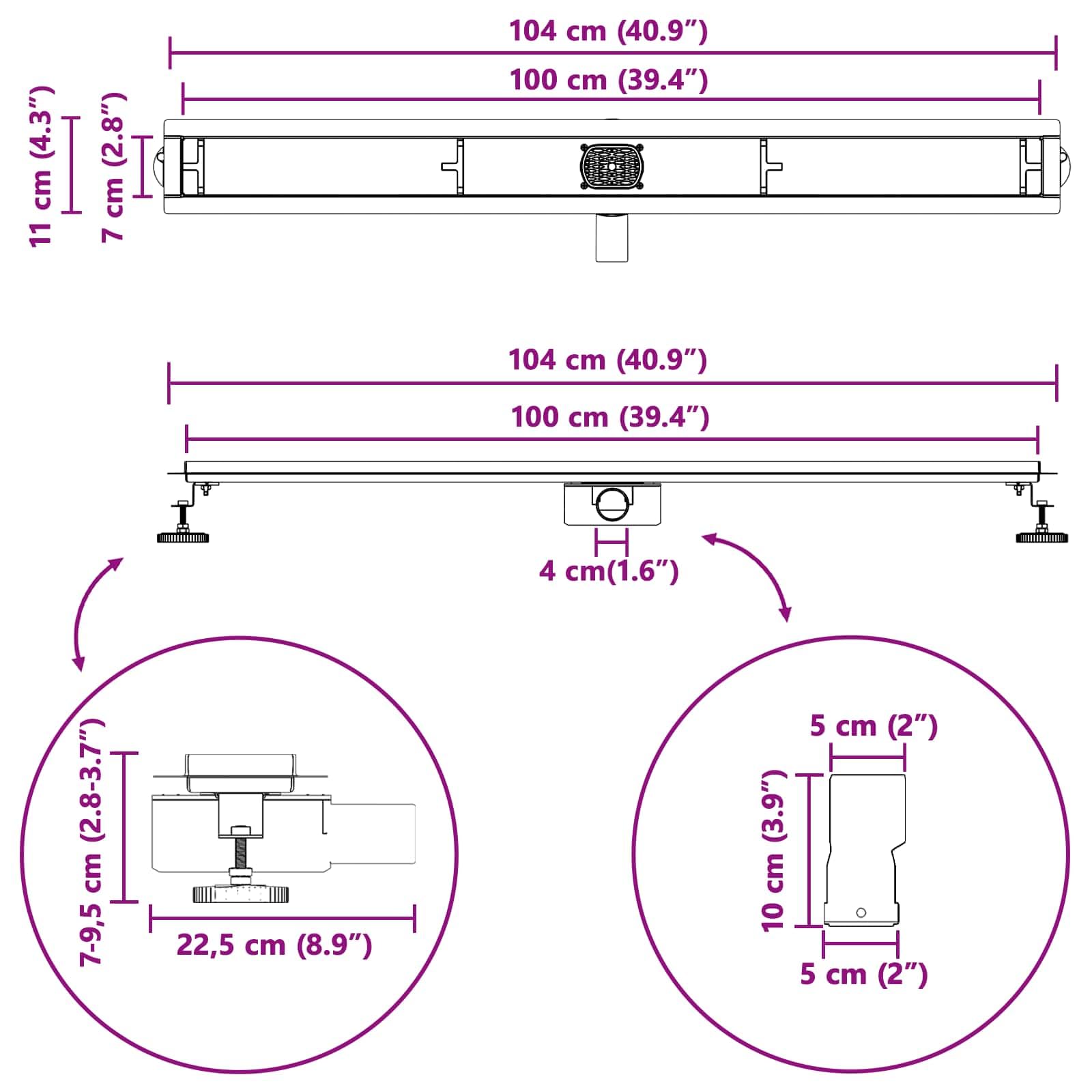 Desagüe de ducha 2 en 1 con sifón plateado 360°, 100 cm, acero inoxidable 304, altura regulable de 0 a 30 mm, apto para azulejos, extraíble para interiores y baños modernos
