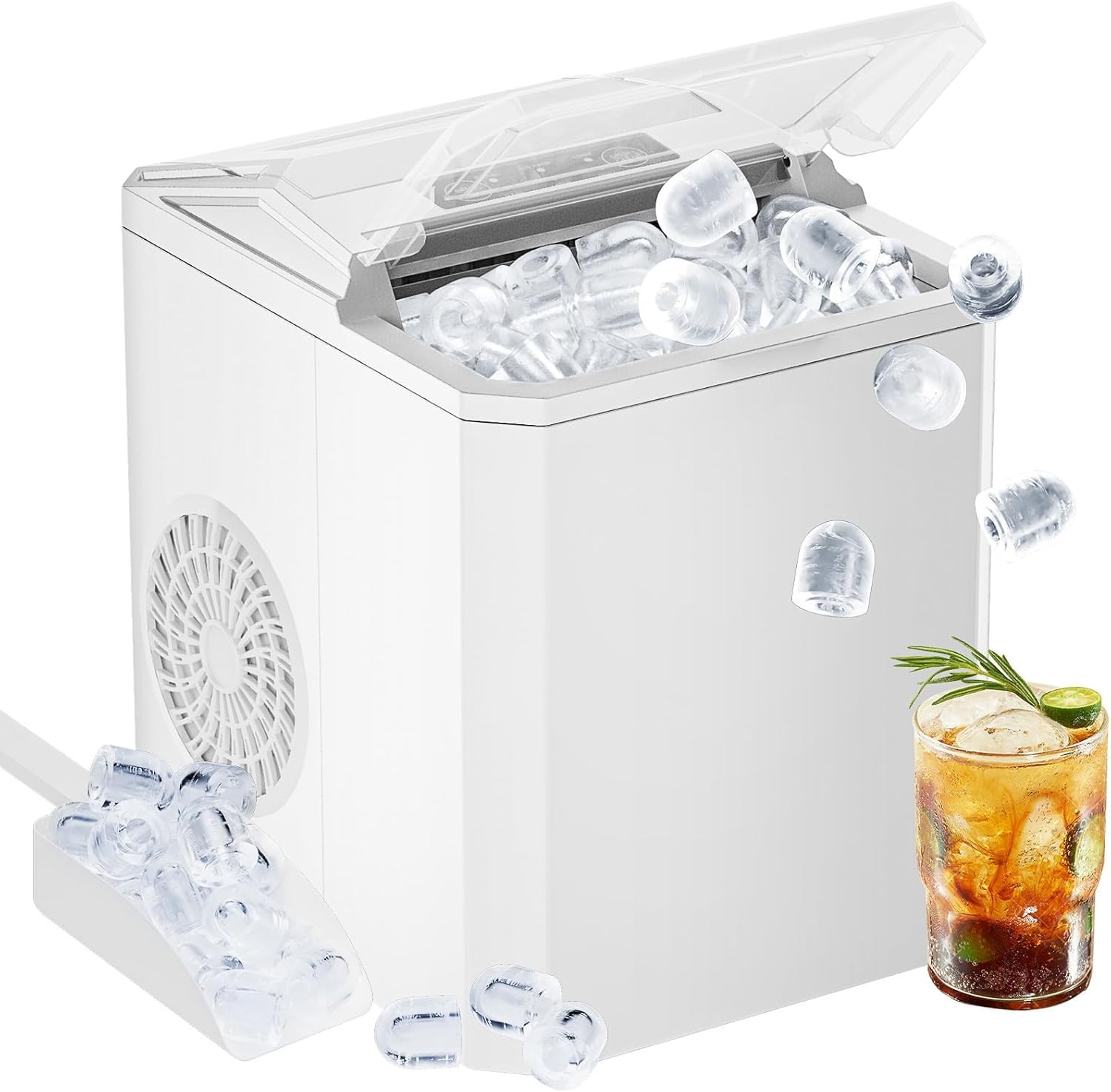 Sweetcrispy Countertop Ice Maker, Portable Ice Machine Self-Cleaning, 9 Cubes In 6 Mins, 26 Lbs/24hrs, 2 Sizes Of Bullet Ice For Home Party Office,Elegant White on Fridge.com - View 1