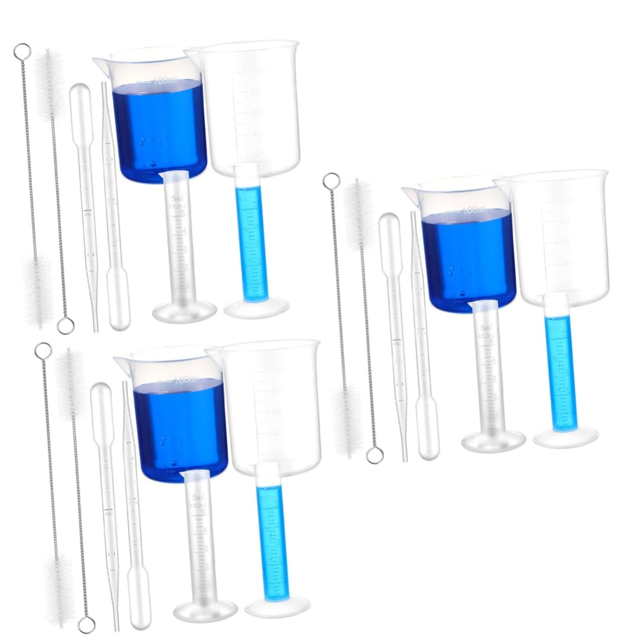 PartyKindom 3sets Cilindri Graduati e Becher Plastica Con Pipette Trasferibili e Spazzola Per Provetta Strumenti Di Misurazione Per Laboratorio e Cucina Capacità Elevata Resistente Solventi