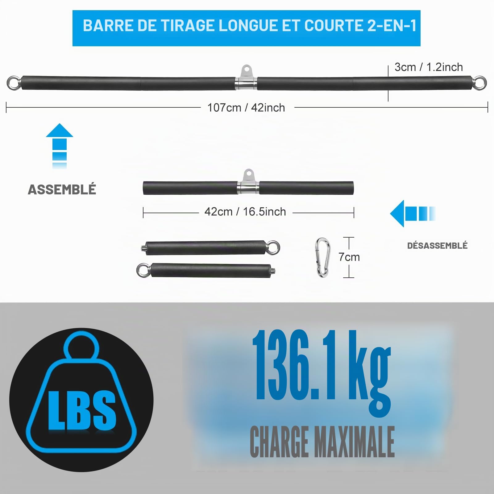 Barre de traction pour biceps - Barre de traction musculaire pour la maison, le bodybuilding, le crossfit, la musculation, le fitness, la gym, le sport