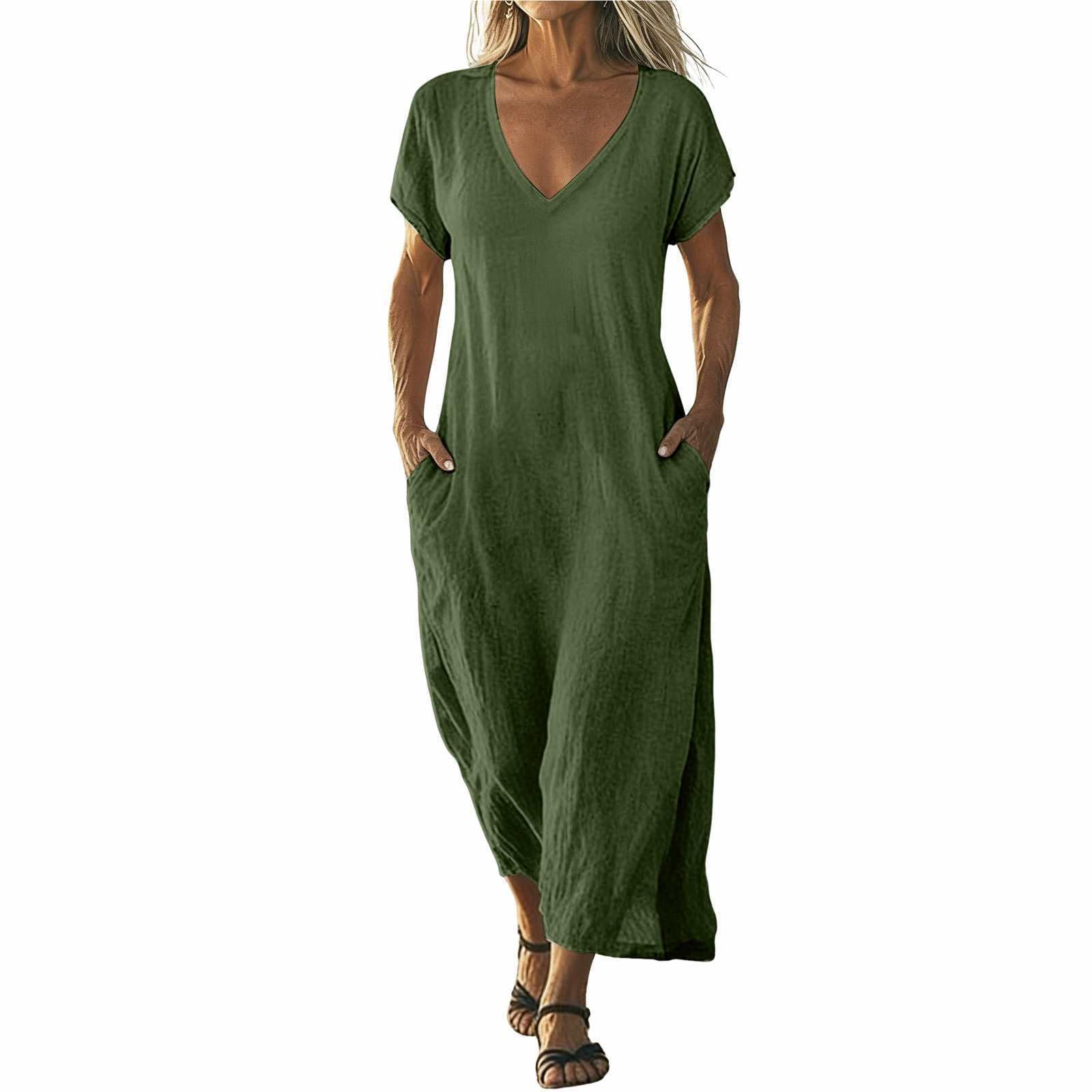 Robe Femme en Coton et Lin Ample à Col en V Manches Courtes Légère Ample Robes avec Poche Boheme Chic Longue Robe D'Été Pas Cher