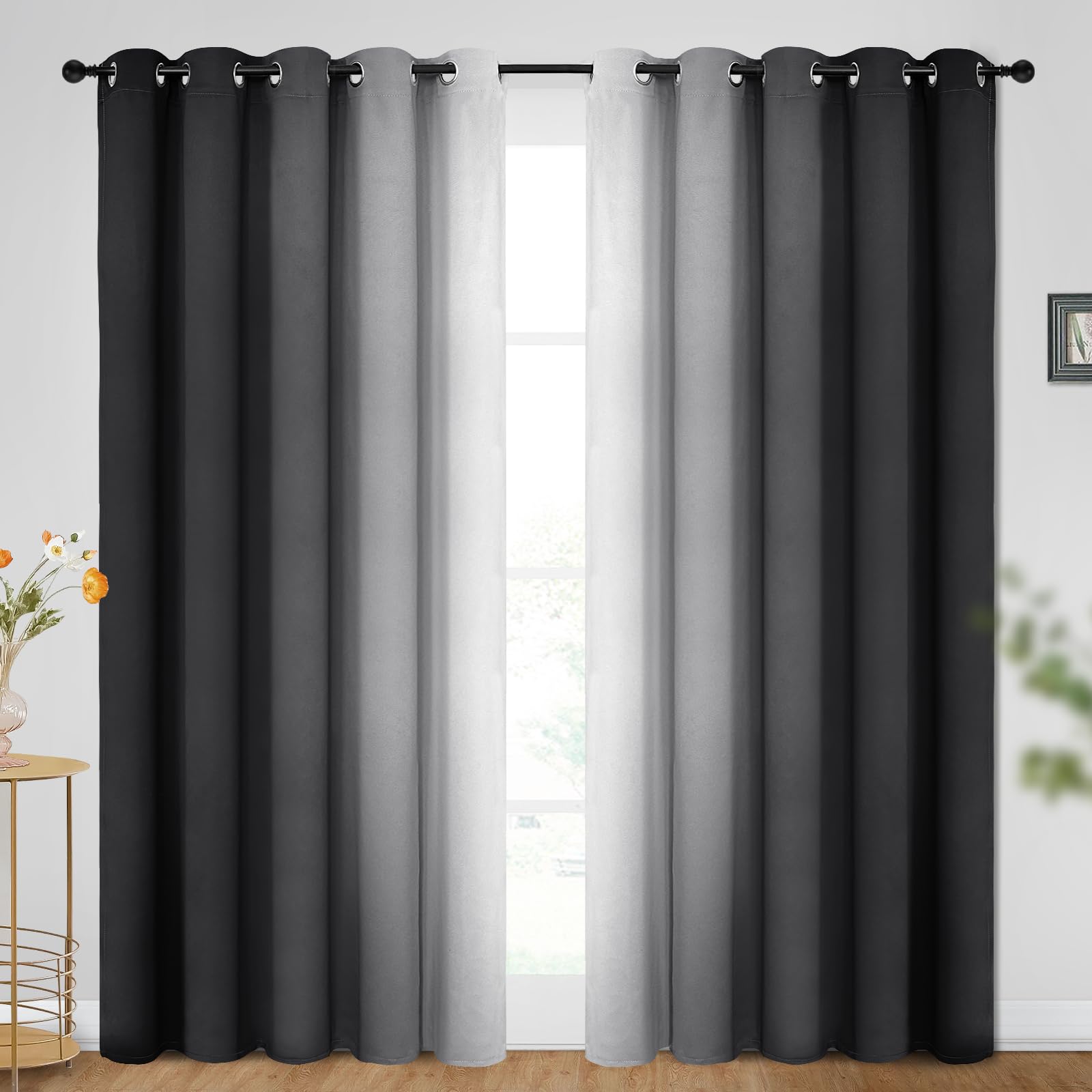 SimpleHome Ombre Room Darkening Curtains for Bedroom, Gradient Black to Grey White Light Blocking Thermal Insulated Grommet Window Curtain/Drapes for
