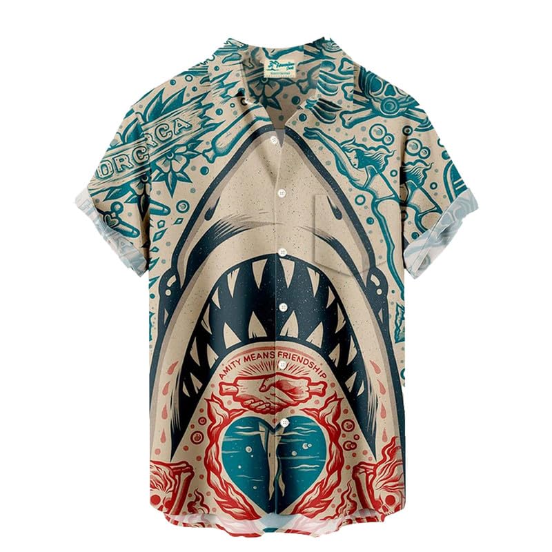 Hombres Camisa Hawaiana Moda Verano Tiburón Impreso Botón Top Casual Solapa Regular Fit Camiseta Hombres Summer Street Button Down Camisa de Manga Corta