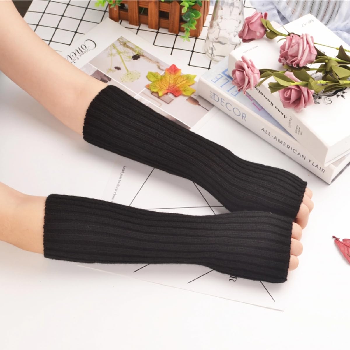 VTTDB Arm covers cute women kawaii japanese harajuku Y2k Arm Warmer for Girls Goth Gloves Fingerless Knitted Arm Sleeve: Black