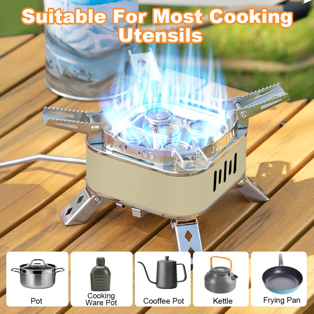 Adiwo 15800w Fornello da Campeggio, Pieghevole Gas Camping Stove Migliorato con 5 Bruciatori, Accensione Piezoelettrica e Borsa Portaoggetti, Mini Stufa da Campeggio Antivento(Cachi)