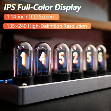 Nixie Tube RGB Desktop Clock with IPS Screen, WiFi Automatic Time Sync, 6 Alarms, Custom Image Upload, Metal Base Retro Futuristic Gaming Desk Decor