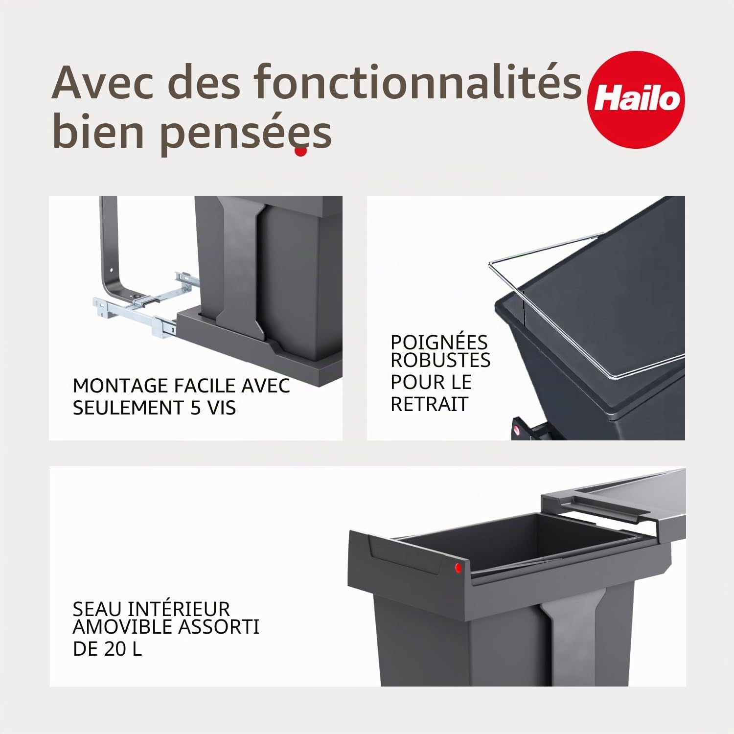 Hailo Collecteur de déchets Solo manuel 20 l 300 mm large anthracite