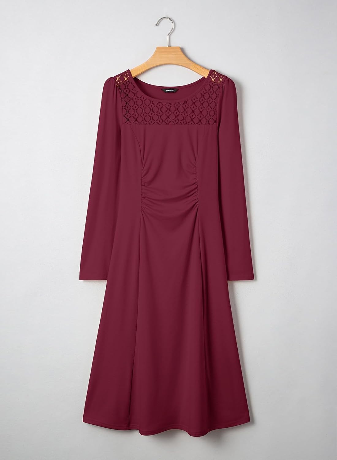 Dokotoo Women's Casual Long Sleeve Dresses Fashion Fall Lace Crewneck Elegant Solid Formal Midi Dress - Image 5