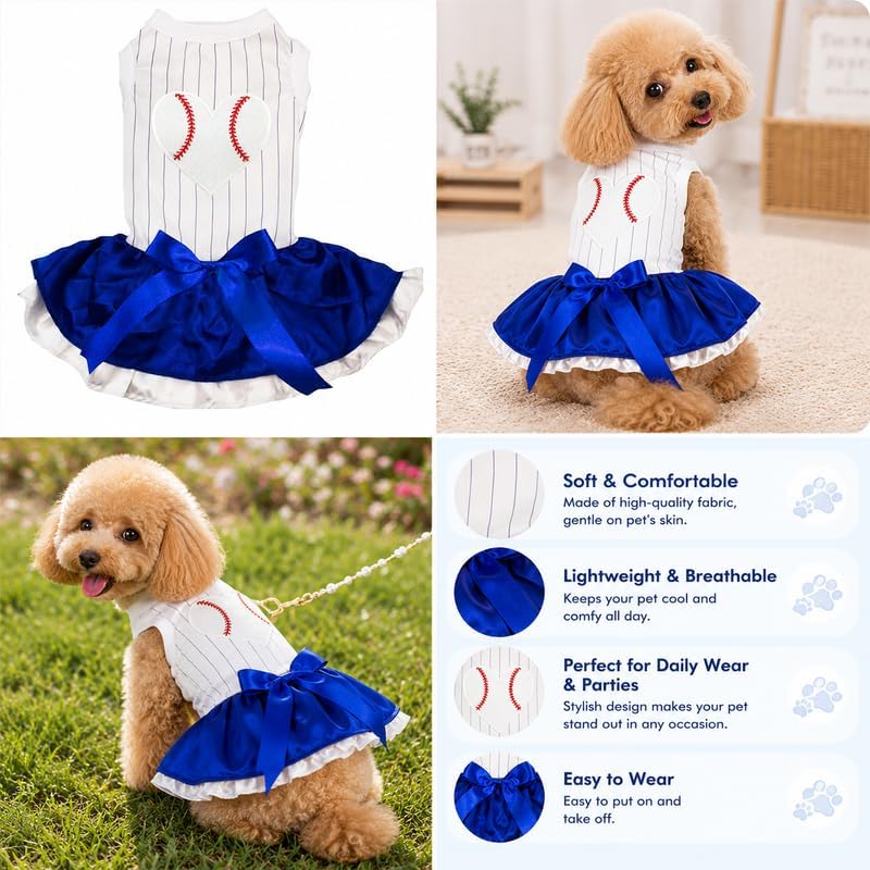 Petitebella Baseball Heart Puppy Dog Dress (Stripes/Blue White, Medium)