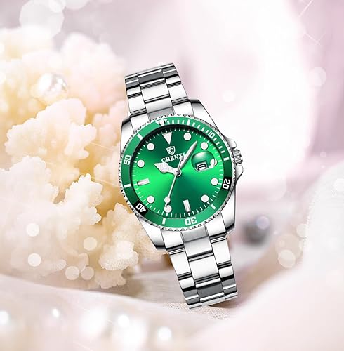 Miniatura 3 de MASTOP Reloj de pulsera de acero inoxidable plateado clásico de moda para mujer, impermeable, fecha, luminoso, vestido de dama