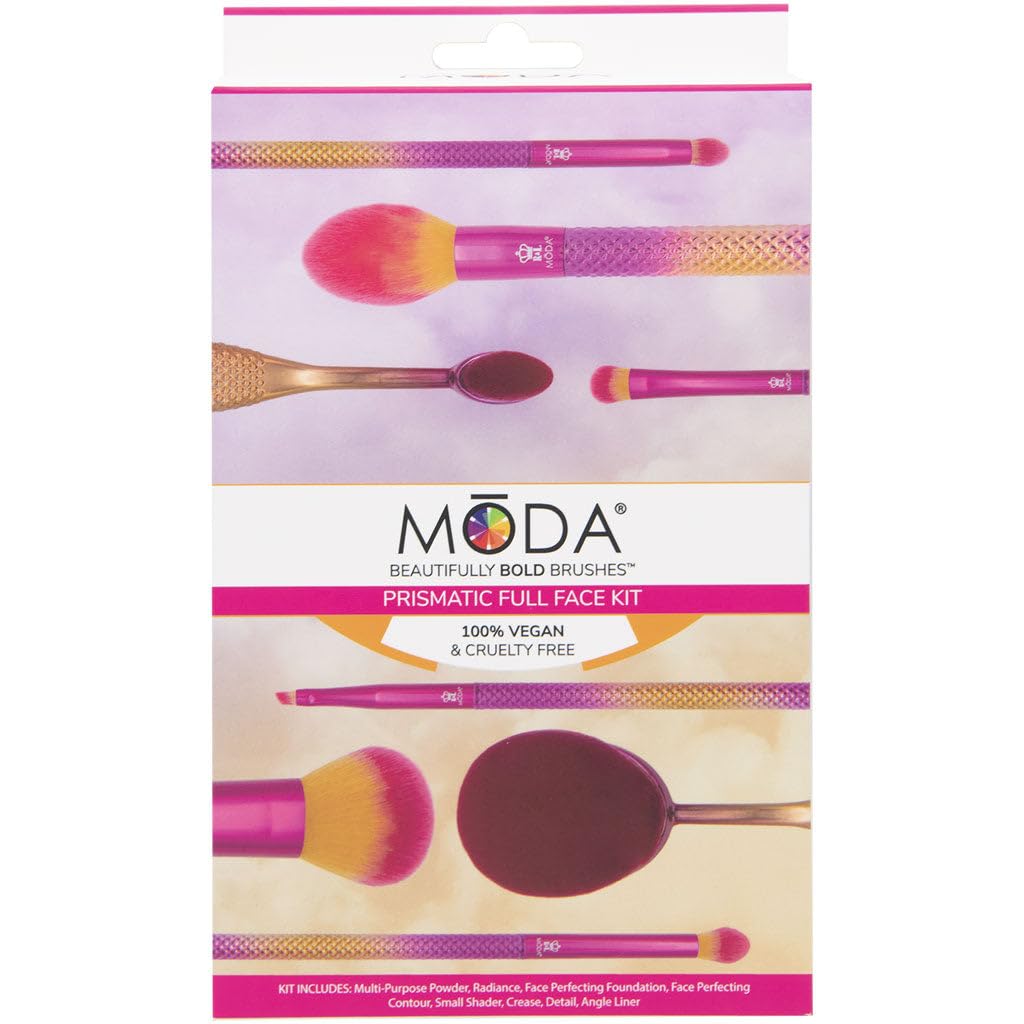 MODA Sunset Prismatic - Set di 8 pennelli da trucco per tutto il viso, include fondotinta ovale, contorno ovale, kabuki a cupola, cipria appuntita, piega, shader, dettagli e pennelli angolari