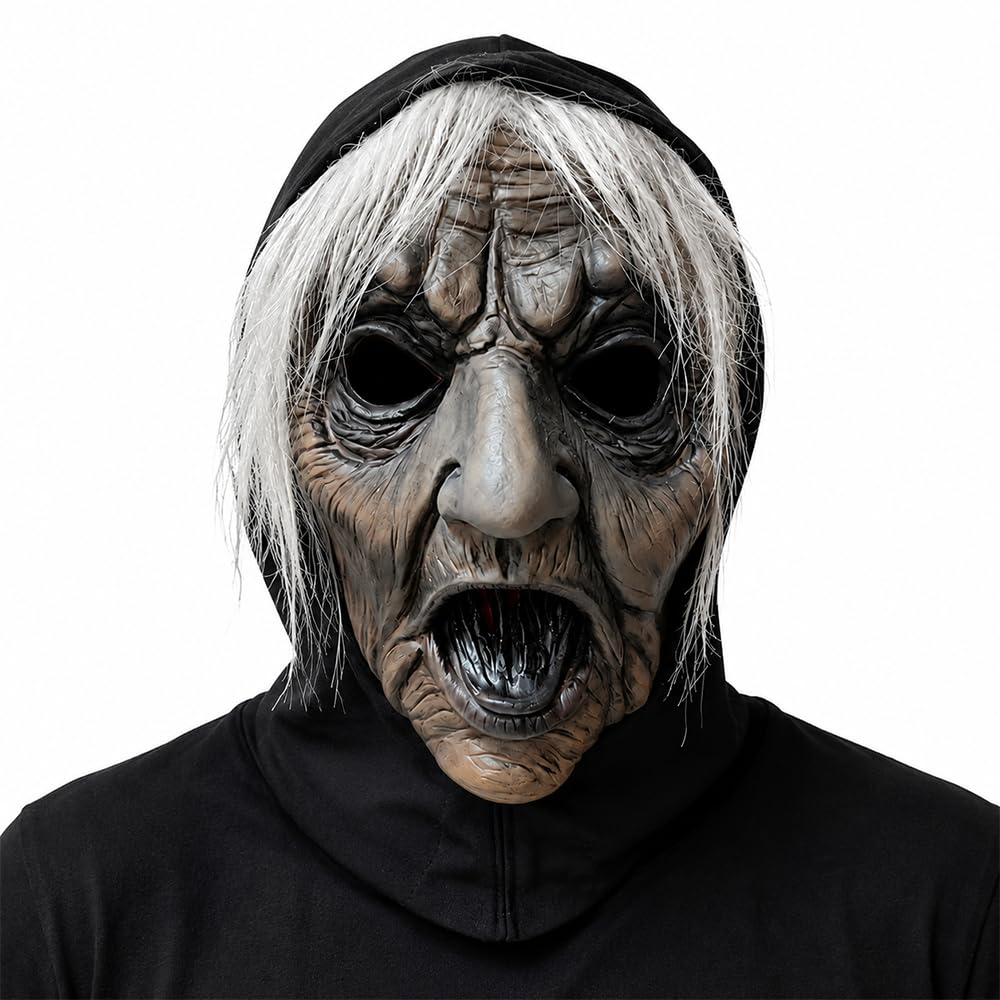 Rppiup Halloween Mask, Scary Mask for Women, Old Man Deco Realistic Masks with White Hair, Witch Masks for Halloween Cosplay Haunted House Props